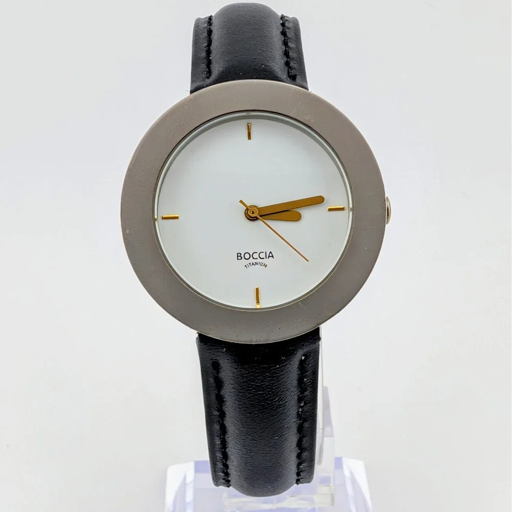Boccia Titanium Swiss Quartz Minimalist White Dial Black Leather Watch 33mm